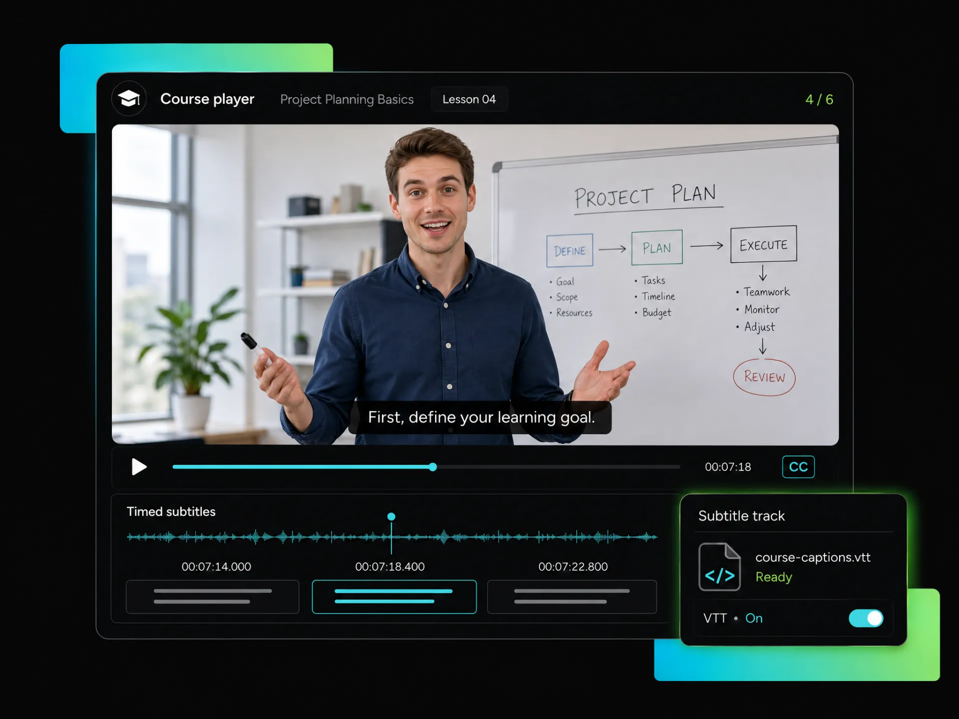 online course video with an accurately timed vtt subtitle track in a lms player