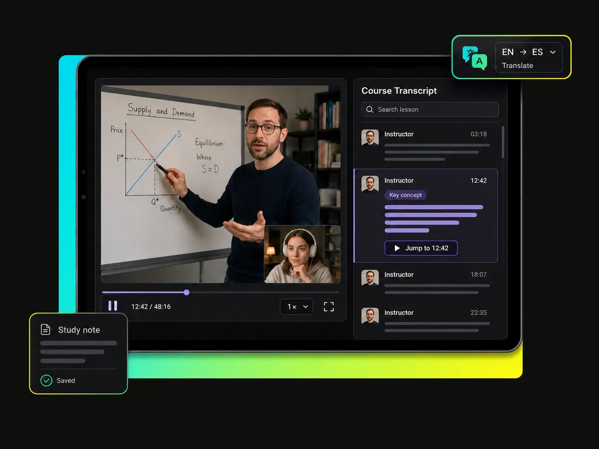 student reviewing an online course recording with a zoom video transcript