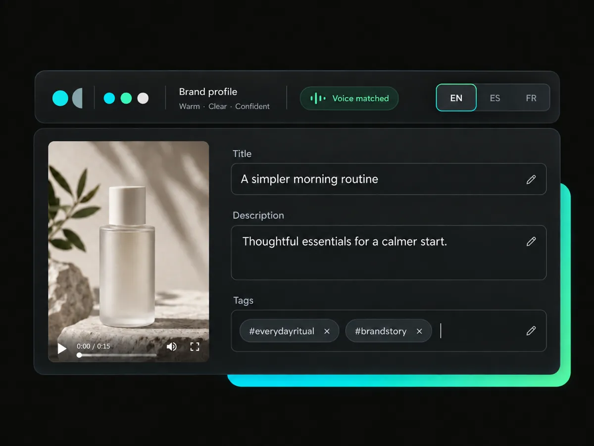 tiktok caption with an editable title, description, and tags that fit brand voice