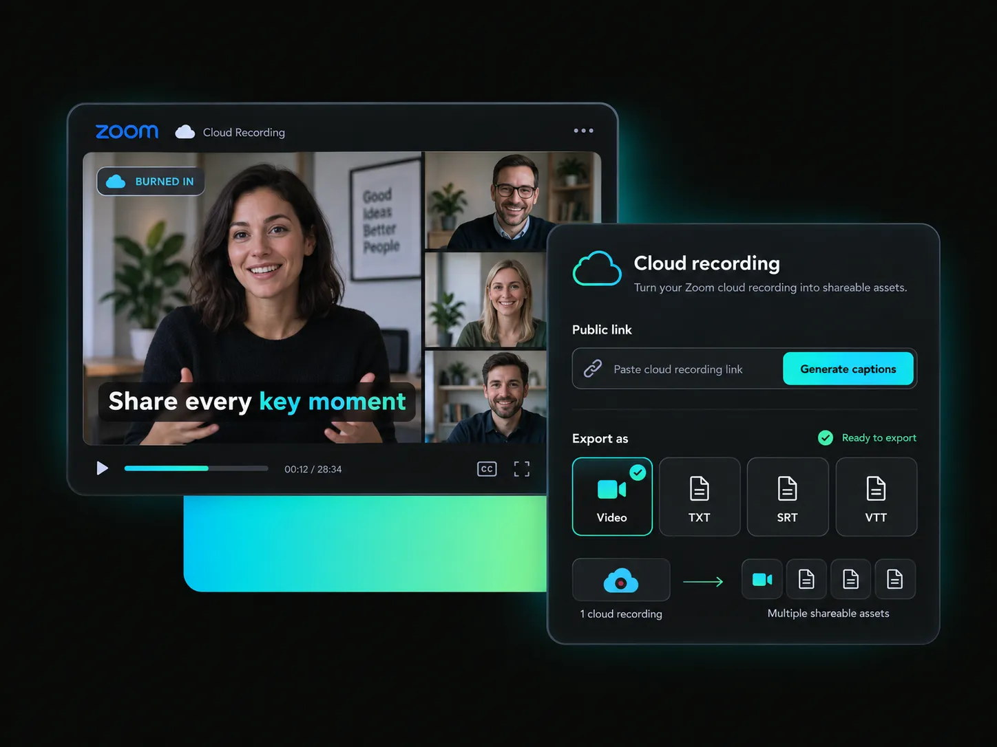 zoom cloud recording captions exported as srt/vtt files or burned into the video