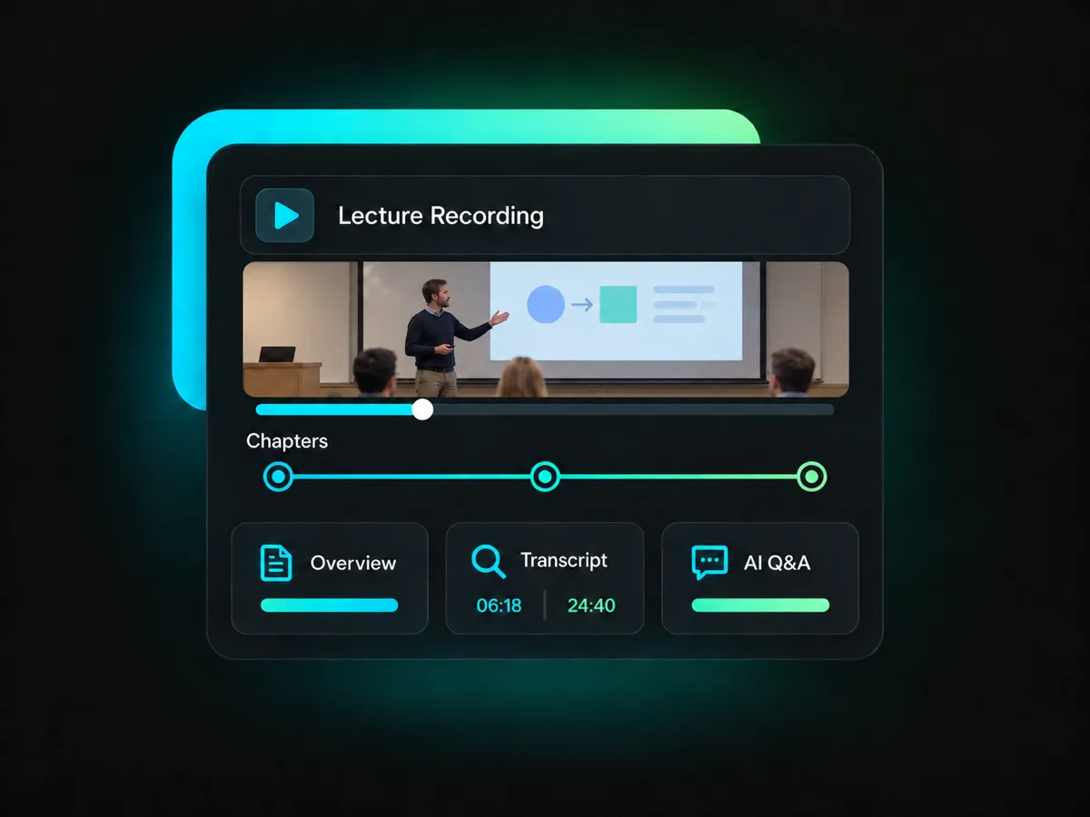 ai notes for a recorded lecture, with an overview, chapters, transcript, and questions