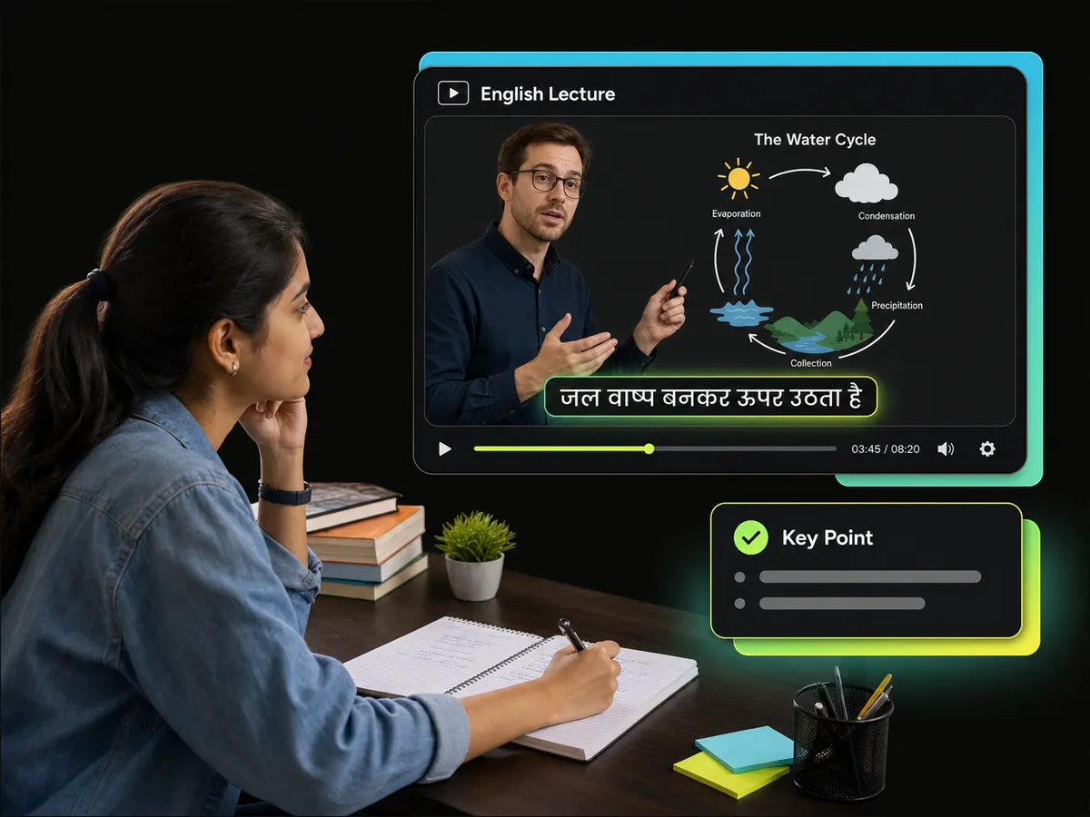 student learning from an english educational video with hindi subtitles