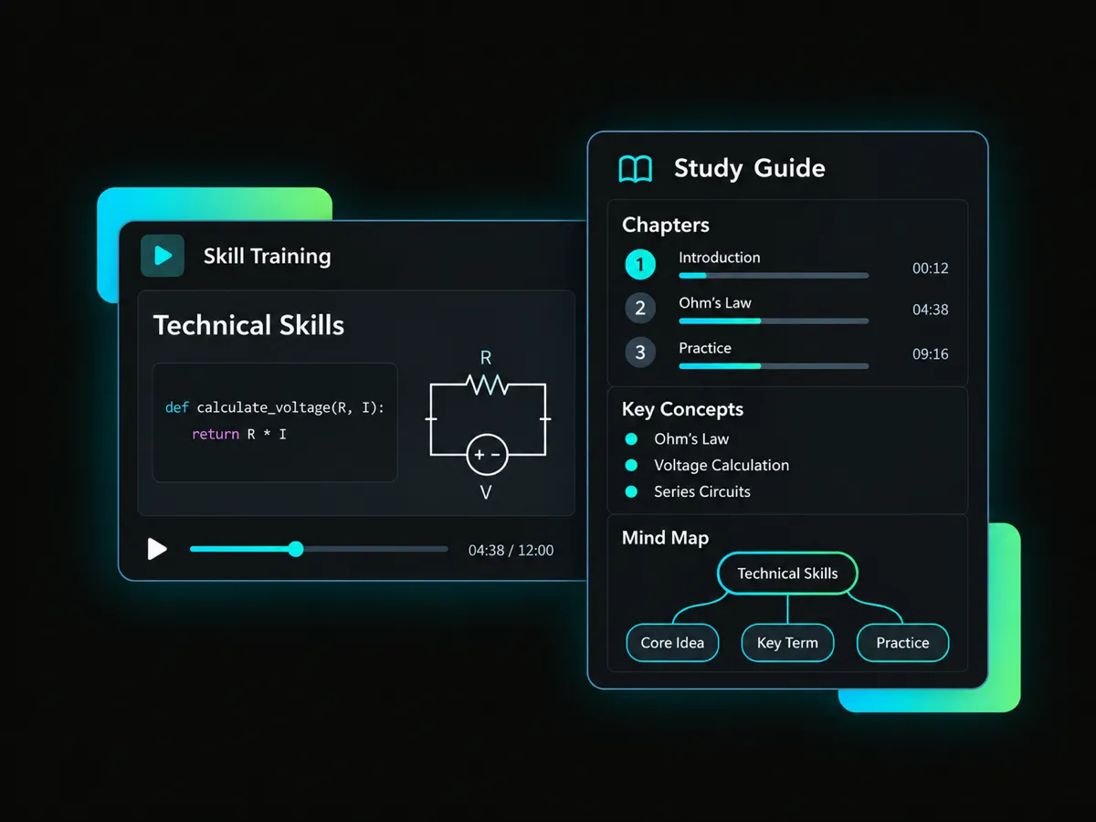 technical training video organized into chapters, concepts, and a mind map