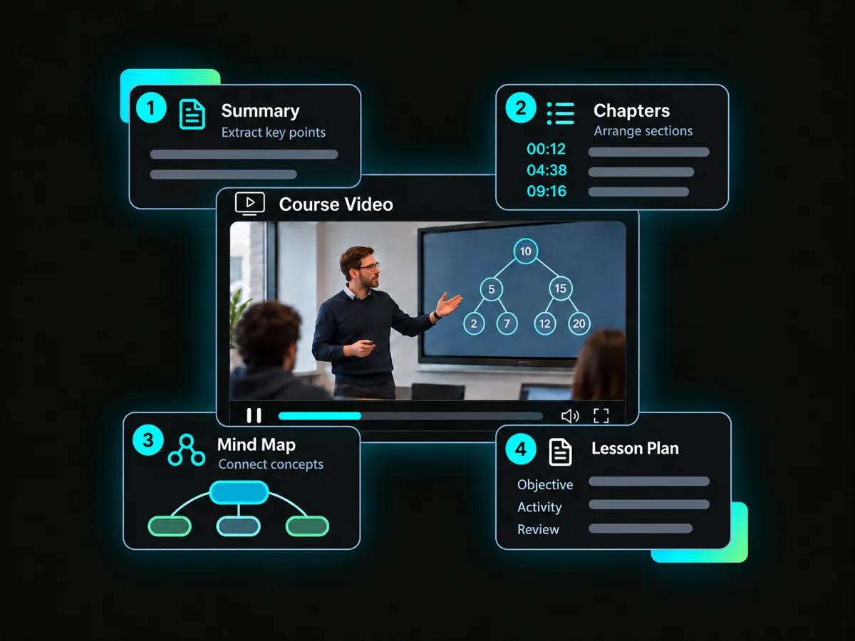 course video converted into summaries, chapters, mind maps, and lesson notes
