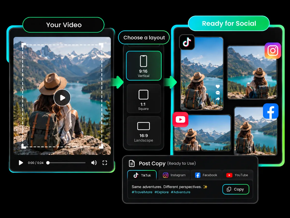 video preview showing a reframed layout for sharing across different platforms