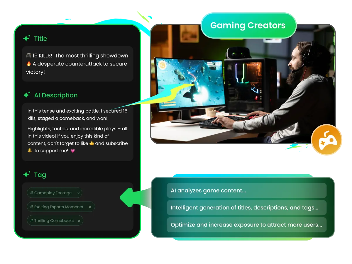 Gaming video description generator creating video metadata