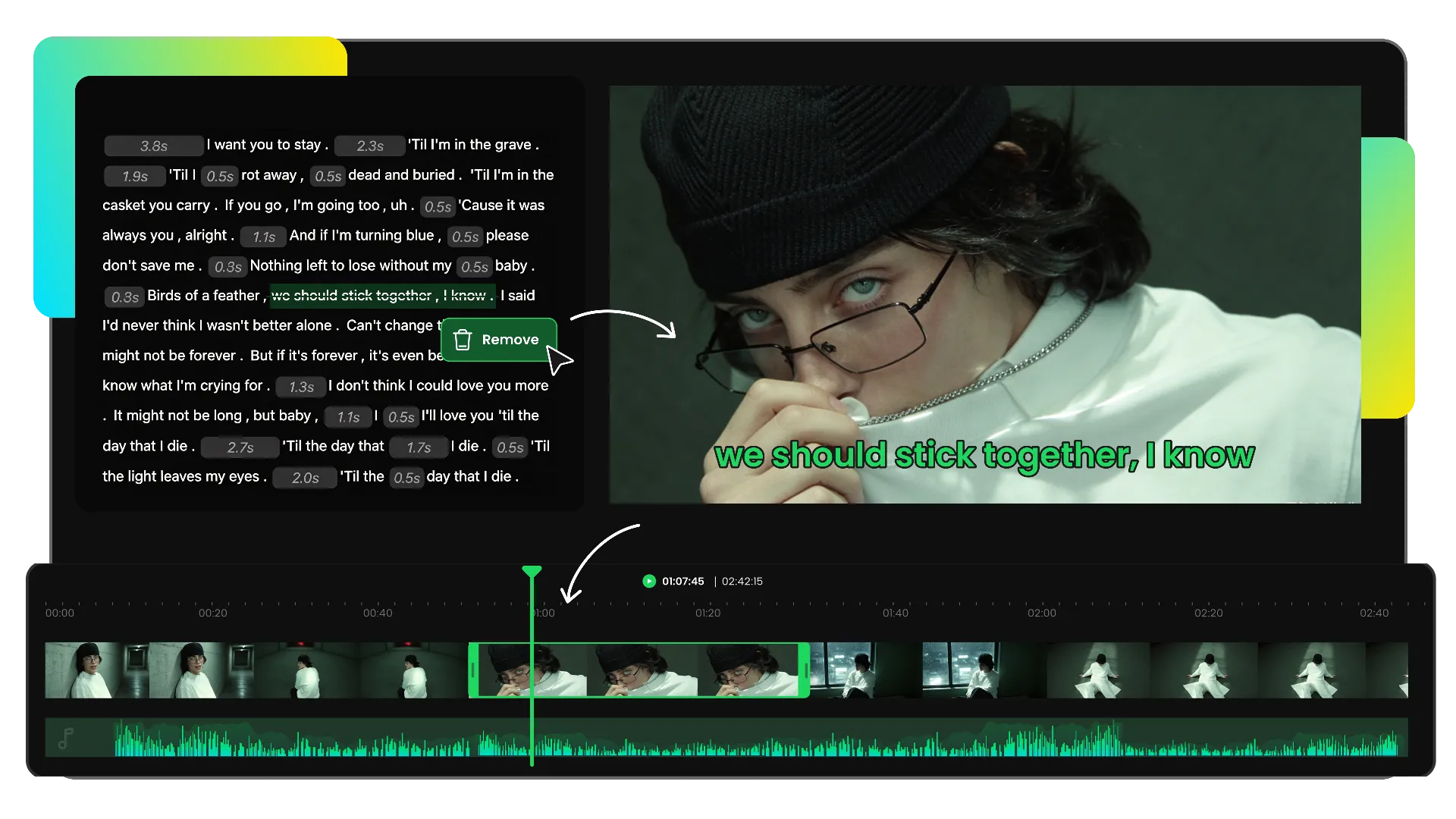 ai video trimmer editing videos through transcript text and removing matching video clips